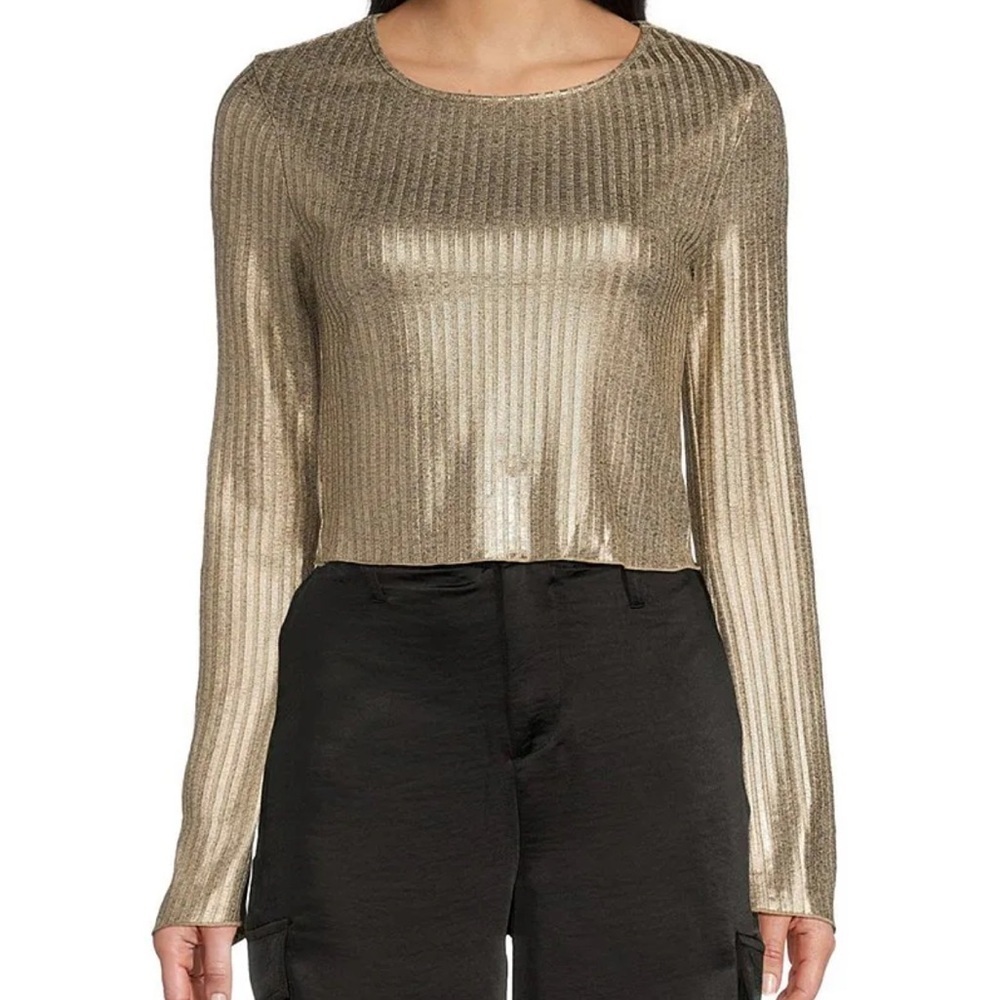 HYVE gold metallic foil long sleeves ribbed lightweight get round collar top new